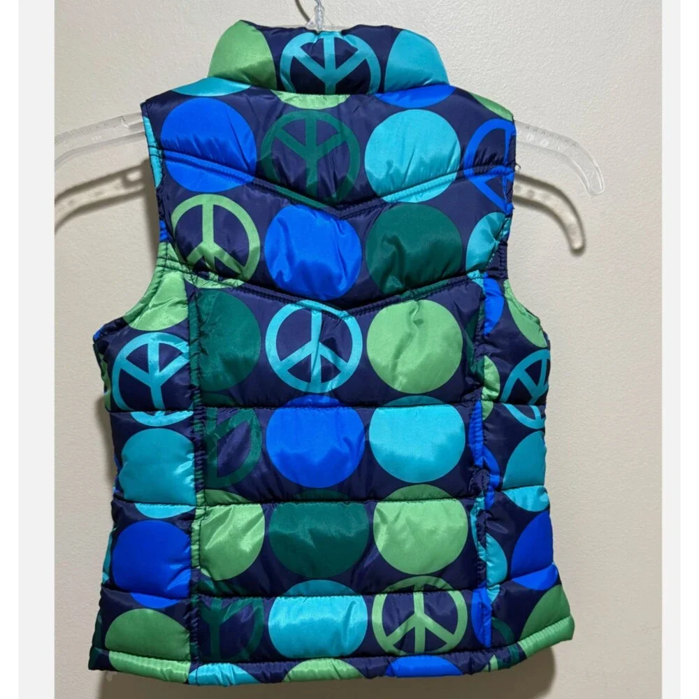 Old Navy Girls Puffer Vest XS Blue Green Peace Sign Bubble Y2K Retro Zip Coat